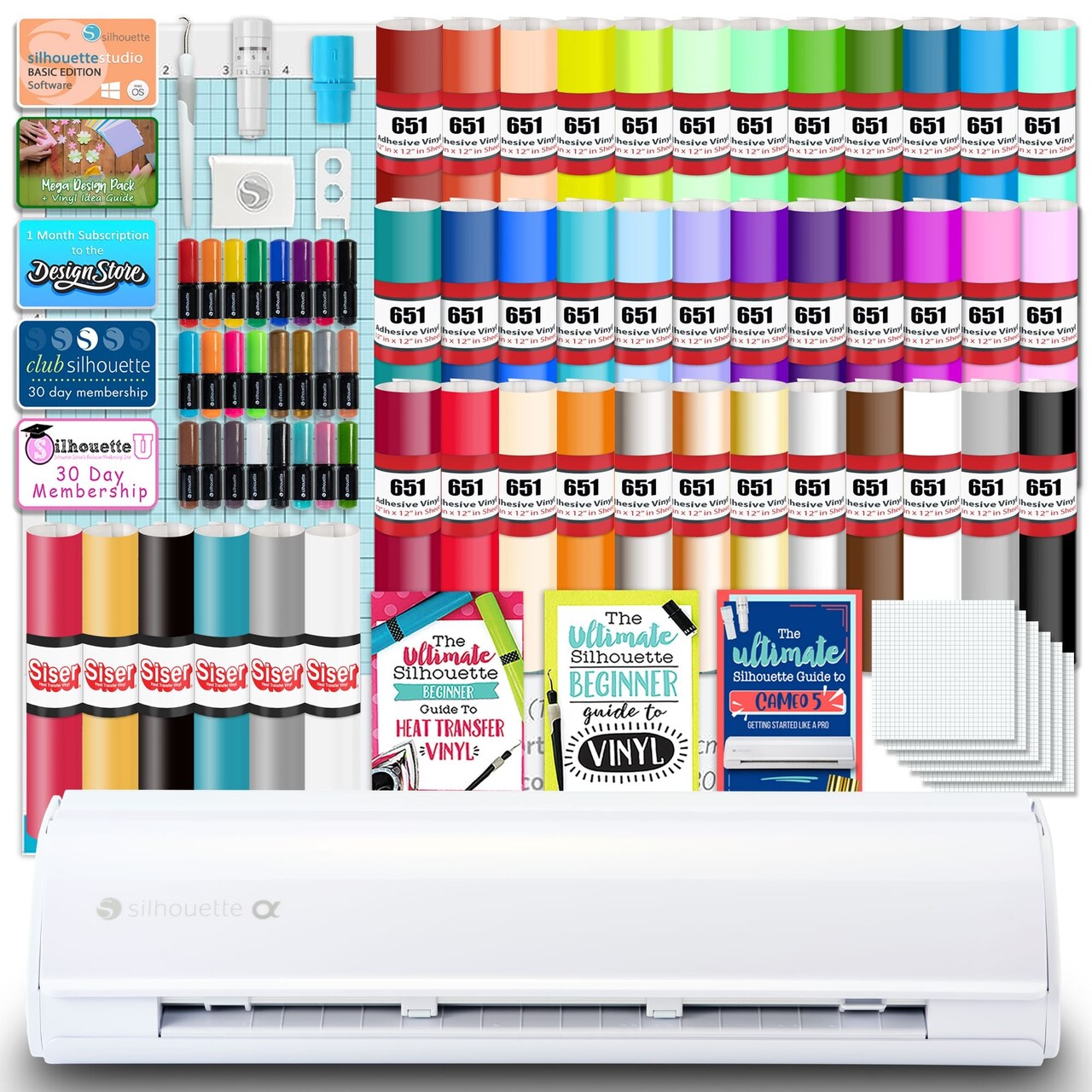 Silhouette White Cameo 5α Alpha w/ 38 Oracal Sheets, Siser HTV, Guides, 24 Pens